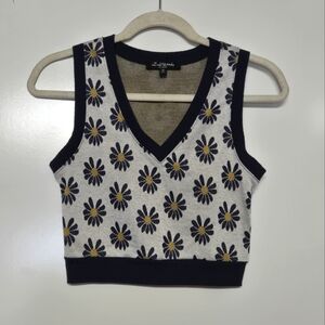 Mixed Threads Cropped Fitted V-Neck Sweater Vest Top Floral Daisy Sz S Navy Gray
